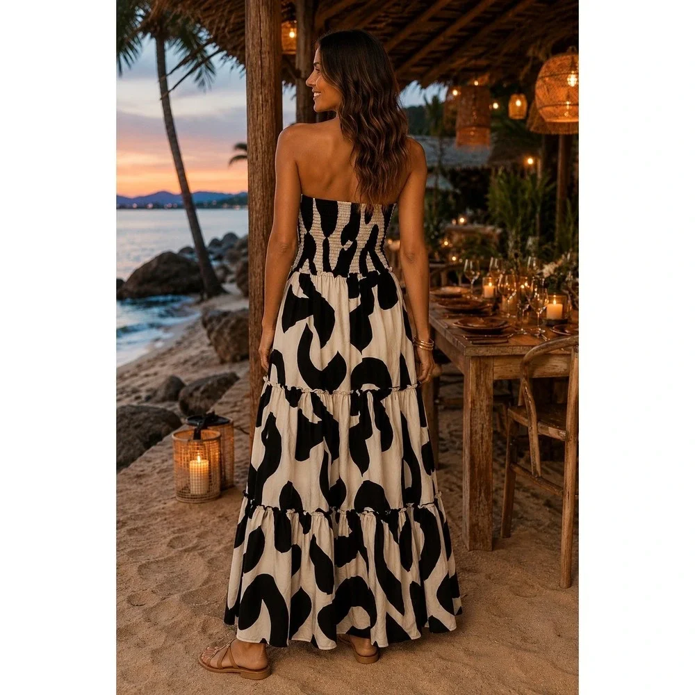 abel the label black and white dress Strapless Smocked Tiered Maxi M NWT Size:12 US women's numeric black wedding guest satin dress Black And White Saddle